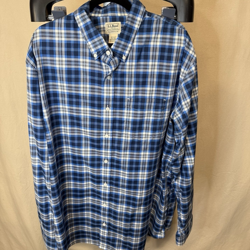 L.L. Bean Men's XXL Tall Blue Plaid‎ Long Sleeve Button-Up Shirt 100% Cotton